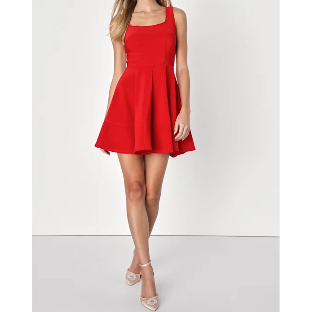 Lulus Home Before Daylight Red Square Neck Lace Up Back Skater Dress Size S